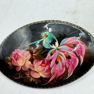 Vtg Hand Painted Russian Lacquer Brooch With Bright Kingfisher Bird Pink Flower